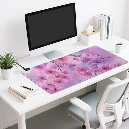 Heated Desk Pad Mouse Pad 31.5x13 Inch PU Leather Desk Mat with 3 Heat Levels Large Mouse Gaming Computer Laptop Mat Romantic Cherry Blossom