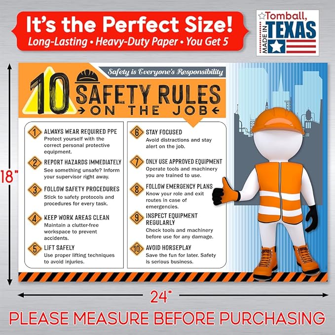 10 Safety Rules on the Job Poster 2026 Version – 18x24 Durable Laminated Safety Sign, Tear-Resistant, Waterproof Workplace Safety Poster for Industrial and Construction Settings (Pack of 5)