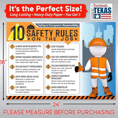 10 Safety Rules on the Job Poster 2026 Version – 18x24 Durable Laminated Safety Sign, Tear-Resistant, Waterproof Workplace Safety Poster for Industrial and Construction Settings (Pack of 5)