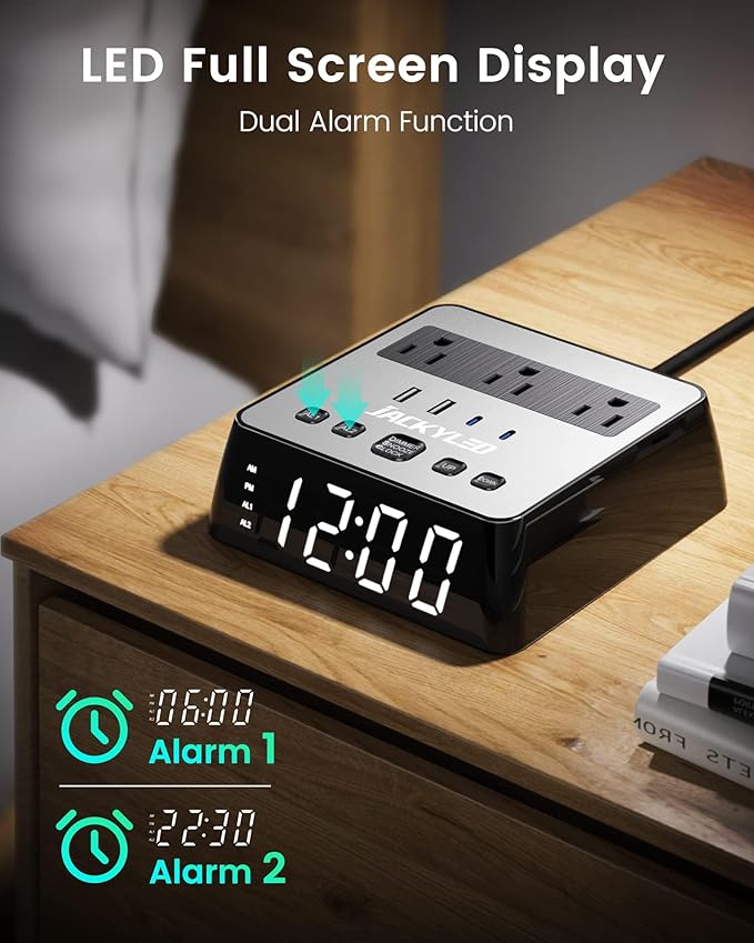 Alarm Clock with USB Charger JACKYLED Power Strip Total 4.8A USB Ports LED Full Screen Surge Protector 6.5ft Cord 4 Dimmer for Heavy Sleepers Compatible with Phone Tablet Computer Black Silver