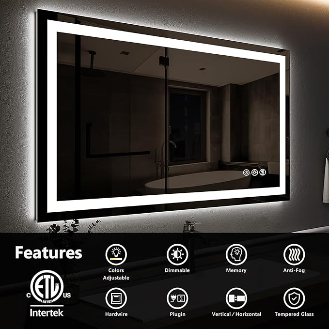 ROOMTEC 36 x 30 Inches LED Bathroom Mirror with Front and Backlit,Anti-Fog,3 Colors and Dimmable Light(Horizontal/Vertical), Silver