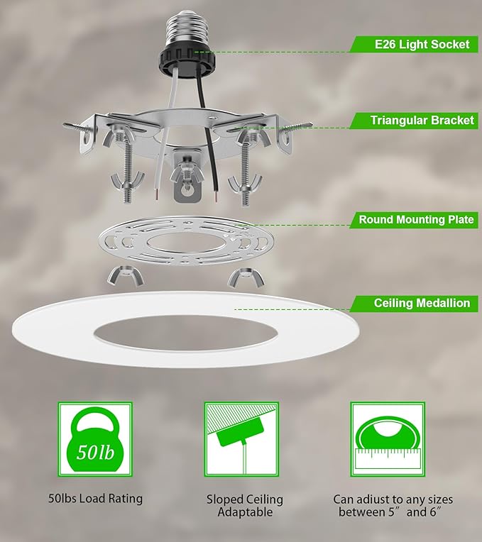 Recessed Can Light Conversion Kit for 5" and 6" Ceiling Fixtures - Pendant/Hanging Light Upgrade, Compatible with Ceiling Fans, Includes 7¾" Flat Steel Medallion, White Finish