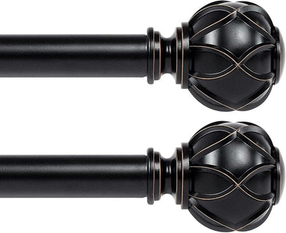 KAMANINA 2 Pack Curtain Rods for Windows 48 to 84 Inch, Black Heavy Duty Curtain Rod Adjustable, 7/8 Inch Single Decorative Drapery Rods 32 to 86 Inch(2.6-7.1Ft), Netted Texture Finials
