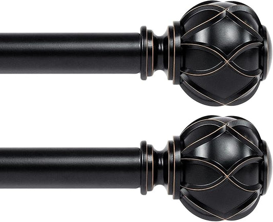 KAMANINA 1 Inch Curtain Rod Telescoping Single Drapery Rod 28 to 48 Inches (2.3-4 Feet), 2 Pack Black Curtain Rods for Windows 16 to 44 Inches, Netted Texture Finials
