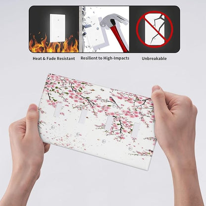 Decorative Light Switch Plate Covers Rustic Plum Blossom Pink Flowers 4 Gang Light Switch Cover Quad Toggle Wall Plate Outlet Covers for Country Home Bedroom Decor