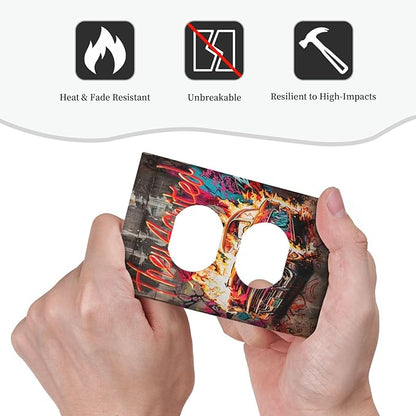 Outlet Covers Hip Hop Street Graffiti Flame Car 1 Gang Duplex Wall Plate Decorative Switch Plates Electrical Receptacle Faceplate Light Switch Cover for Bedroom living Room Decor
