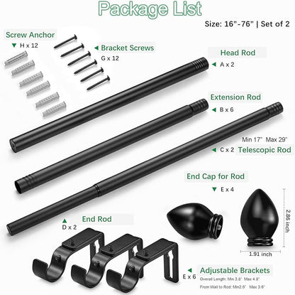 Curtain Rods for Windows 16 to 76 inches, Curtain Rod Max Adjustable Length to 88 in, Drapery Rod 1 inch Diameter with Modern Knobs Finials (Black, 16" to 76" - Set of 2)