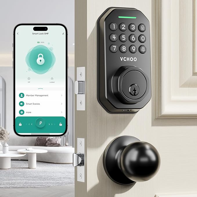 Keyless Entry Door Lock with Handle, App Control Door Locks for Front Door, Auto Lock Keypad Door Lock with Handle, Smart Door Lock for Home Hotel Bedroom with 2 Door Knobs