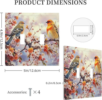 Birds Sitting on Flowers Tree Branch Light Switch Covers Double Toggle 2 Gang Wall Plate Dual Decorative Switch plate Electrical Faceplate for Farmhouse Living Room Decor