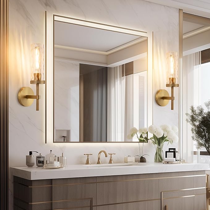 15" Knurled Brass Wall Sconces Set of 2, Gold Bathroom Vanity Light Fixtures with Water Ripples Glass Tube, Modern Lamp Lighting for Bedroom, Living Room, Hallway, Staircase, Mirror, Kitchen