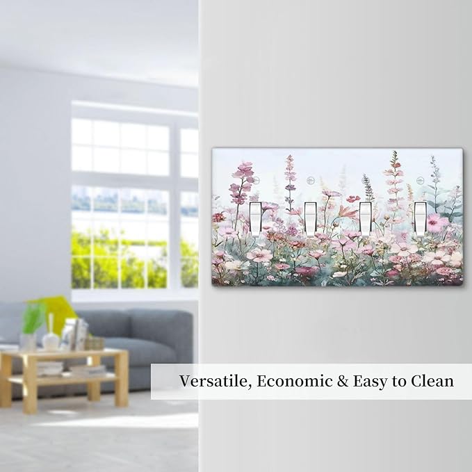 Pink Floral Watercolor Botanical Wildflowers Light Switch Covers Quad Toggle Electrical Faceplate 4 Gang Wall Plate Decorative Switch Plates For Bed Room Living Room Decor
