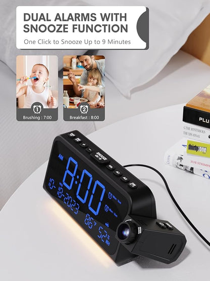 Mesqool Projection Alarm Clock for Bedroom Ceiling, Digital Clock Projector with Weekday/Weekend Mode, Date, Temperature, Humidity, Type-C USB Charger, Snooze, Dual Alarms, Dimmer,12/24H