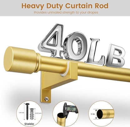 Gold Aluminium Curtain Rods for Windows,1 Inch Adjustable Curtain Rod 72 to 144 Inch,Heavy Duty Drapery Rods with Thicken Bracket,Modern Single Rod with Aluminium Finials