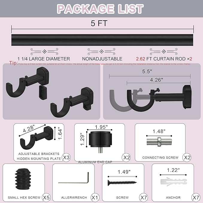 Heavy Duty Curtain Rods,1 1/4" Large Diameter Premium Nonadjustable Curtain Rod,60in/5ft Custom Window Treatment Rods with Durable Aluminum Brackets and End Caps,Black Finish