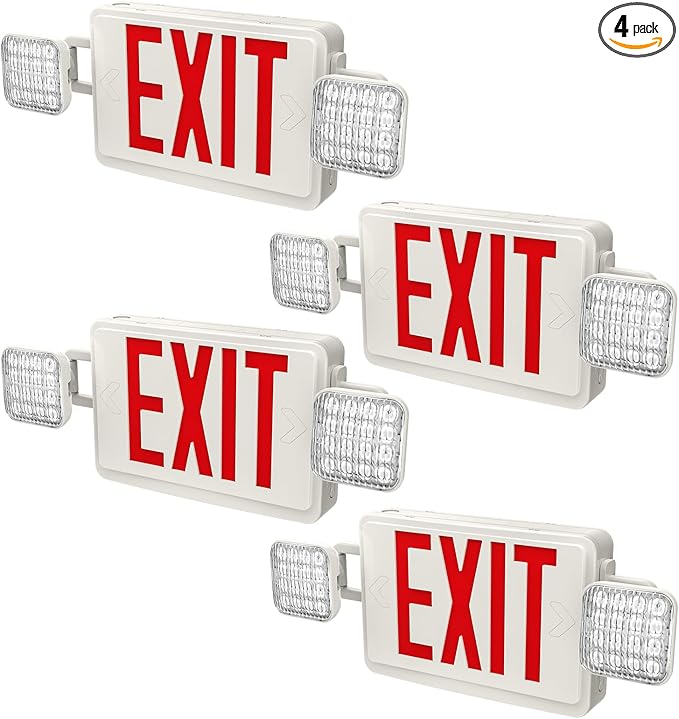 4 Packs Led Red Exit Sign with Emergency Lights Combo & Battery Backup Operated Powered Fire Exit Sign Light-UL Listed 120-277VAC Fire Exit Signs Lighting for Room,Street,Window.Stairs.