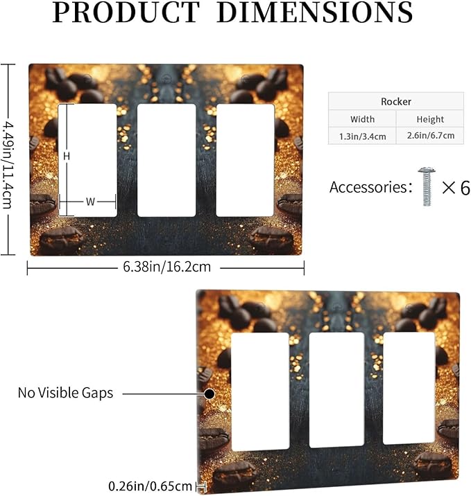 Decorative Outlet Covers Black Wood Board Gold Dust Coffee Beans 3 Gang Wall Plate Triple Rocker Light Switch Cover Plate Jumbo Electrical GFCI Face Plate for Caffee Room