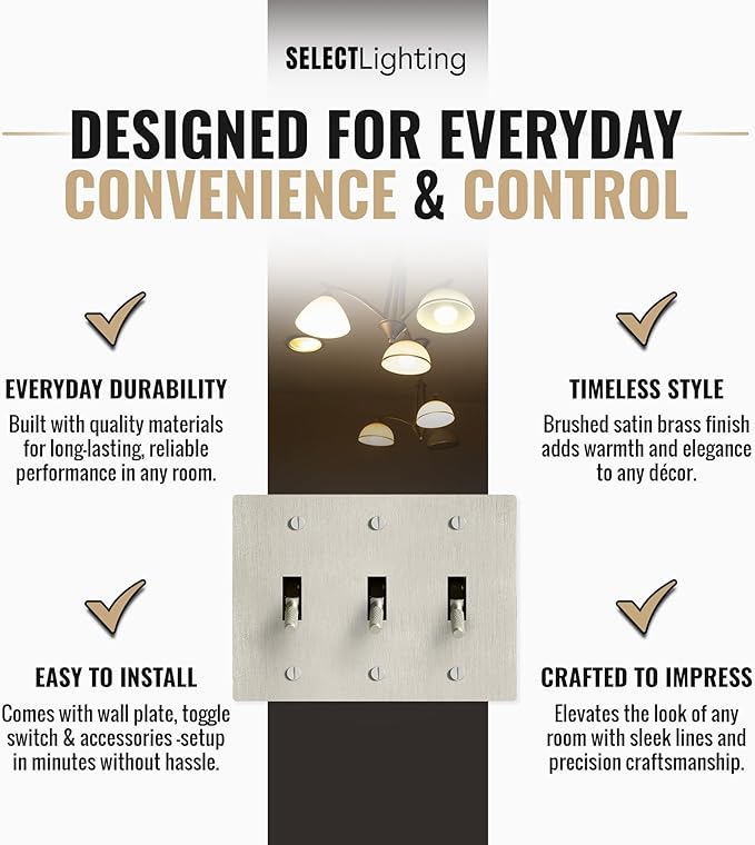 Select 15A 120V AC 3-Gang Toggle Switch, Vintage Satin Nickel Plated Single Pole 3 Way Compatible Wall Mount Toggle Switch, Included Faceplate & Switch Module, UL Listed
