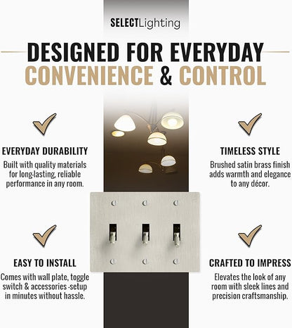 Select 15A 120V AC 3-Gang Toggle Switch, Vintage Satin Nickel Plated Single Pole 3 Way Compatible Wall Mount Toggle Switch, Included Faceplate & Switch Module, UL Listed