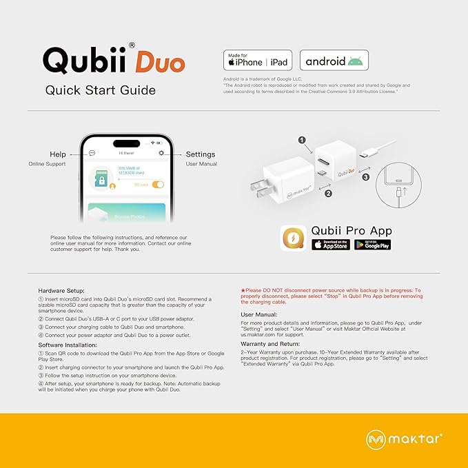 MAKTAR Qubii Duo Automatic Backup Cube with USB-C Cable and 128GB microSD Card, for iPhone/Android Photo and Video Backup