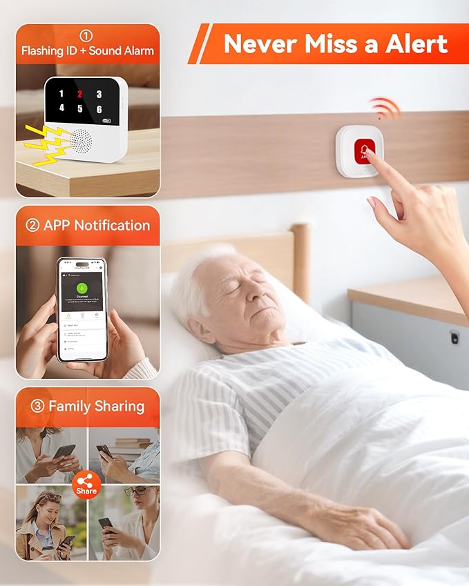 Wireless Caregiver Call Button System - Dual Hub, Multi-Location Alarm, Dsiplay Caller ID & App Alert, No Monthly Fee, 4 IP65 Panic Buttons, Emergency Alert for Elderly at Home/Nursing Homes