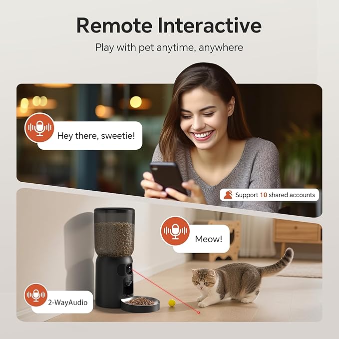 Automatic Cat Feeder with Dual 2K HD Camera, Smart Pet Food Dispenser for Timed Meals, APP Control Laser Interactive Toy Treat Feeders with 2.4G / 5G WiFi, Black