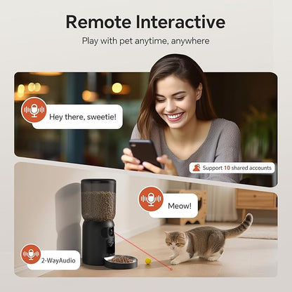 Automatic Cat Feeder with Dual 2K HD Camera, Smart Pet Food Dispenser for Timed Meals, APP Control Laser Interactive Toy Treat Feeders with 2.4G / 5G WiFi, Black