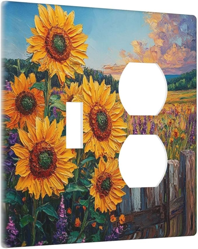Decorative Outlet Covers Rustic Wilderness Sunflower Lavender Muzha Oil Painting 2 Gang Wall Plate Cover Single Toggle Duplex Combo Light Switch Cover Plate Faceplate