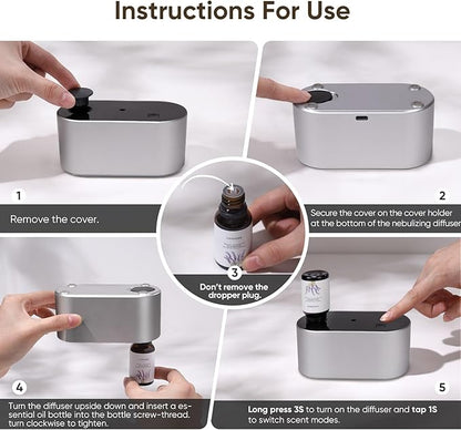 Waterless Diffuser for Essential Oil, Battery Operated Scent Air Aromatherapy Diffuser, Mini Aroma Diffusers with 3 Intermittent Mist Modes, Cycle Start for Home Office Bedroom - Silver