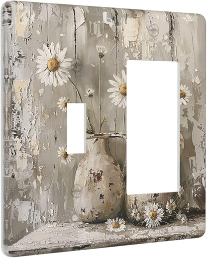 Outlet Covers Vintage Rustic Floral White Daisy Flower Oil Painting Style 1 Toggle 1 Rocker Combination Decorative Wall Plate Electrical Switch Plates Light Switch Cover Plate for Home
