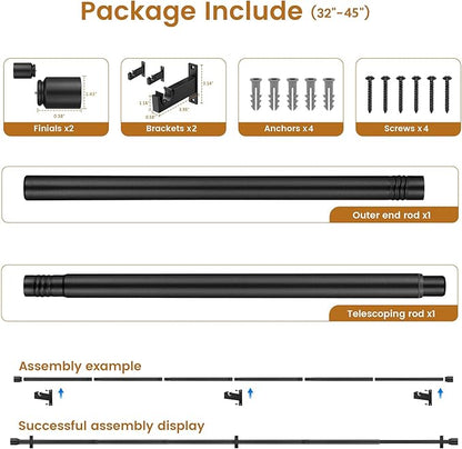 Black Aluminium Curtain Rods for Windows,1 Inch Adjustable Curtain Rod 32-45,Heavy Duty Drapery Rods with Thicken Bracket,Decorative Modern Single Rod with Aluminium Finials