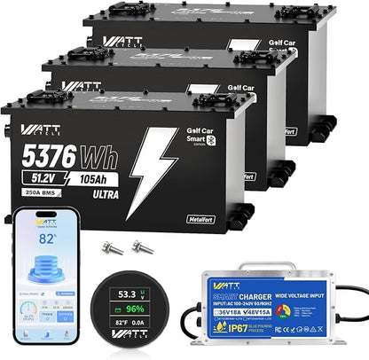 WattCycle 48V 105Ah Golf Cart Batteries 3 Pack, 48V Lithium Battery 250A BMS with 15A Charger, LiFePO4 Battery 15000+ Deep Cycles, IP65 Waterproof Marine Batteries, Built-in Bluetooth, Perfect for RV