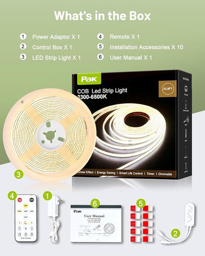 COB LED Strip Lights 16.4ft, Dimmable White CCT Tunable 2300K-6500K, DC 24V High Lumen Cuttable LED Tape Light, 3040 LED 36W CRI 90, APP Remote Control, Music Mode, For Home DIY, Living Room, Bedroom