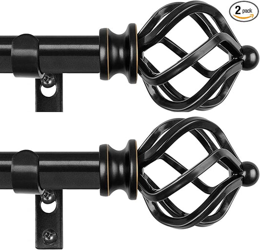 KAMANINA 2 Pack Curtain Rods 32 to 86 Inches (2.6-7.1ft), 3/4 Inch Black Curtain Rods for Windows Splicing Adjustable Single Drapery Rod with Twisted Cage Finial, for Indoor and Outdoor