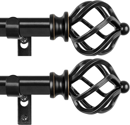 KAMANINA 2 Pack Curtain Rods 32 to 86 Inches (2.6-7.1ft), 3/4 Inch Black Curtain Rods for Windows Splicing Adjustable Single Drapery Rod with Twisted Cage Finial, for Indoor and Outdoor