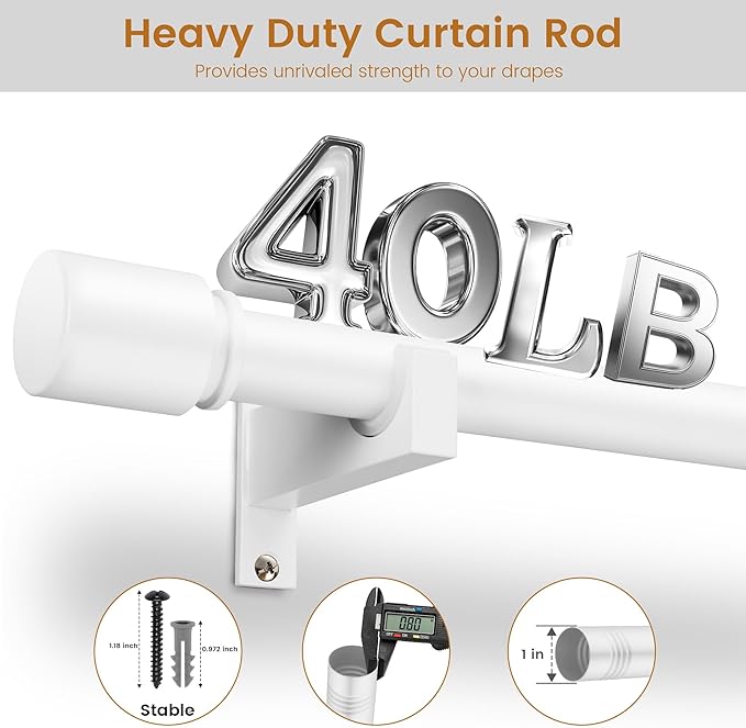 White Aluminium Curtain Rods for Windows,1 Inch Adjustable Curtain Rod 48 to 84 Inch,Heavy Duty Drapery Rods with Thicken Bracket,Modern Single Rod with Aluminium Finials