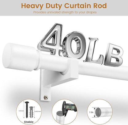 White Aluminium Curtain Rods for Windows,1 Inch Adjustable Curtain Rod 48 to 84 Inch,Heavy Duty Drapery Rods with Thicken Bracket,Modern Single Rod with Aluminium Finials
