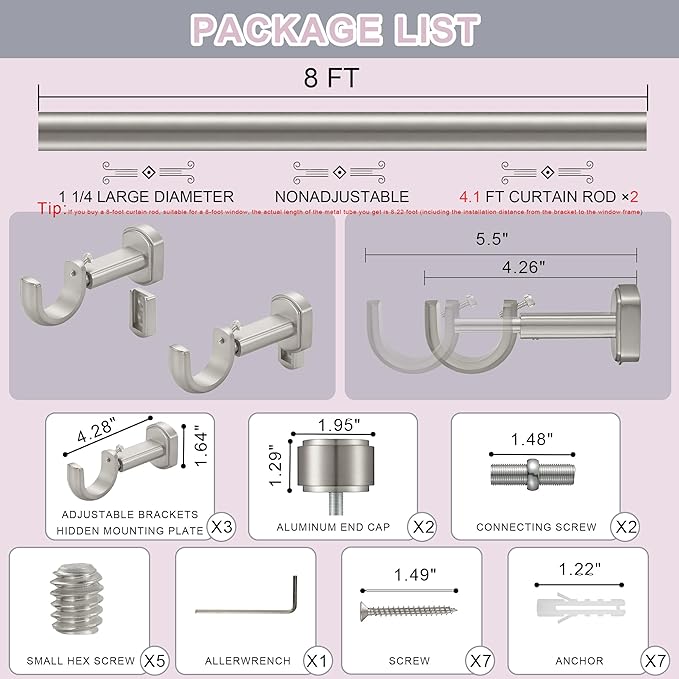 Heavy Duty Curtain Rods,1 1/4" Large Diameter Premium Nonadjustable Curtain Rod,96in/8ft Custom Window Treatment Rods with Durable Aluminum Brackets and End Caps,Brushed Nickel Finish