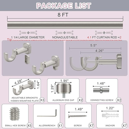 Heavy Duty Curtain Rods,1 1/4" Large Diameter Premium Nonadjustable Curtain Rod,96in/8ft Custom Window Treatment Rods with Durable Aluminum Brackets and End Caps,Brushed Nickel Finish