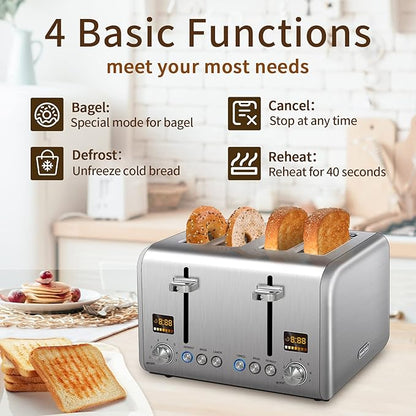SEEDEEM 4 Slice Stainless Toaster - Color LCD Display, 7 Shade Settings, 1.5'' Wide Slots with Bagel/Defrost/Reheat Functions, Removable Crumb Tray, Silver Metallic, 1800W