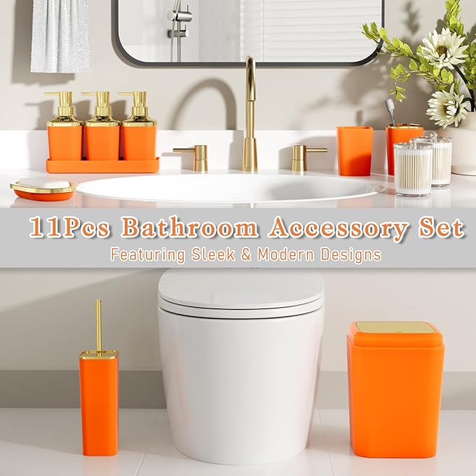 Bathroom Accessory Set, 11PC Bathroom Set, Orange Bathroom Accessories, Bathroom Accessories Set with Trash Can, 3PC Soap Dispensers and Toilet Brush