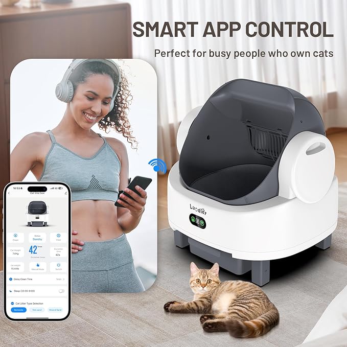 Self Cleaning Litter Box, Automatic Cat Litter Box Self Cleaning with APP Control, Odor-Free Waste Disposal Includes Trash Bags, Triple Safety Sensor, for Multiple Cats, Open-Top(White-Grey)