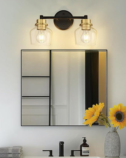 Emak Farmhouse 2-Light Bathroom Light Fixtures, Modern Black and Gold Vanity Lights with Clear Glass Shade for Bathroom, Mirror, VL122-BKBGD-CG-2