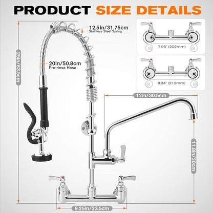 25" Height Commercial Faucet with Sprayer, 8" Adjustable Center & 12" Add-on Swing Spout, Wall Mount Pre Rinse Commercial Sink Faucet for Commercial Restaurant Industrial Kitchen (Chrome)