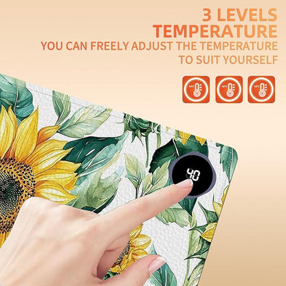 Heated Mouse Pad, Warm Desk Pad, Keyboard Mat 31.5 x 13 Inch Large Size Intelligent Fast Heating, 3 Speed Adjustable, Timed Auto Power Off for Game Office Home,Blooming Sunflowers