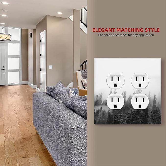 Outlet Covers Fores Black White Landscape Misty Woods 2 Gang Double Duplex Decorative Light Switch Covers Electrical Wallplates Socket Faceplate For Farmhouse Cabin Decor