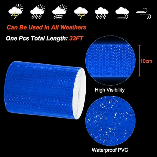 PATIKIL 4 Inch x 33 ft Reflective Tape, 1 Roll Waterproof Self Adhesive High Visibility Caution Warning Safety Tape Reflector with Scraper for Trucks Trailers Cars, Blue