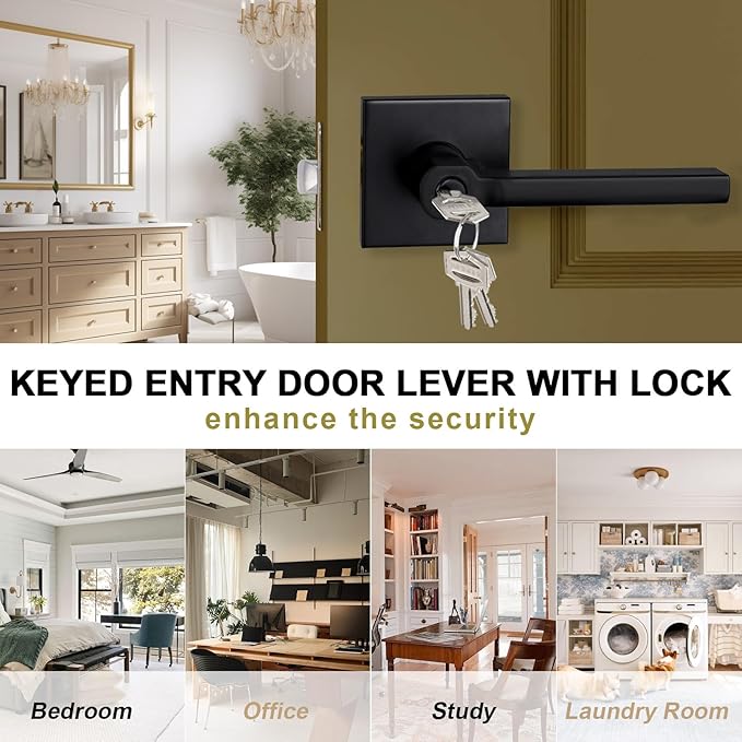 Keyed Entry Door Lever with Lock, Heavy Duty Square Interior Handle for Front Door and Office, Matte Black, Reversible for Right&Left Handed, 1Pack