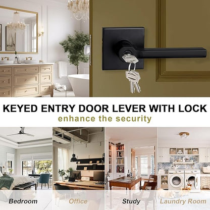 Keyed Entry Door Lever with Lock, Heavy Duty Square Interior Handle for Front Door and Office, Matte Black, Reversible for Right&Left Handed, 4Packs