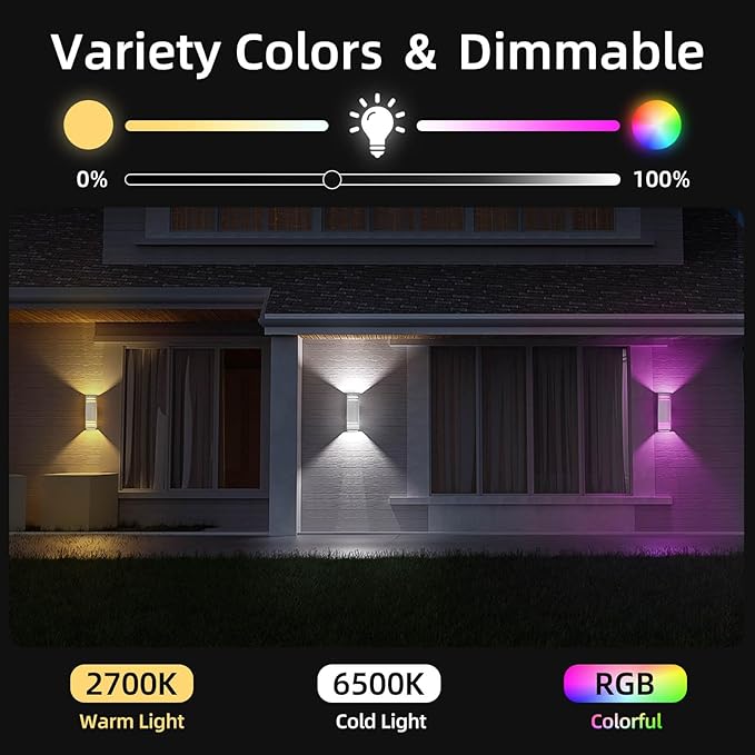 SHIMR Smart Outdoor Wall Lights 2 Pack, RGB Color Changing WiFi & Bluetooth Sconce, Stainless Steel, Dusk to Dawn Sensor, Waterproof Exterior Lighting Fixture with E26 Base, Work with Alexa & Google