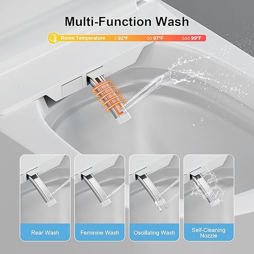 Smart Toilet with Bidet Built in, Bidet Toilet with Heated Seat and Night Light,Warm Water Wash&Dry, Modern Tankless Toilet for Bathroom, One Piece Toilets with Soft Close, Foot Sensor, Auto Lid&Seat